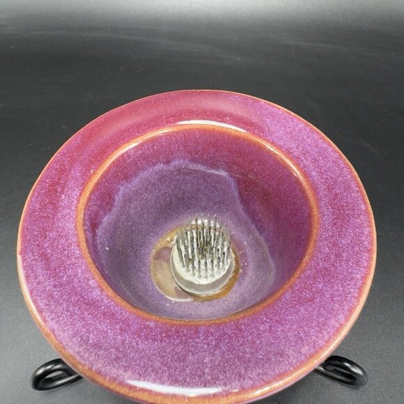 Contemporary Purple Glaze Ceramic Flower Frog On A Black Metal Holder Decorative - Picture 10 of 12